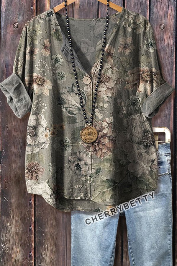 Vintage Floral Print V-Neck Top