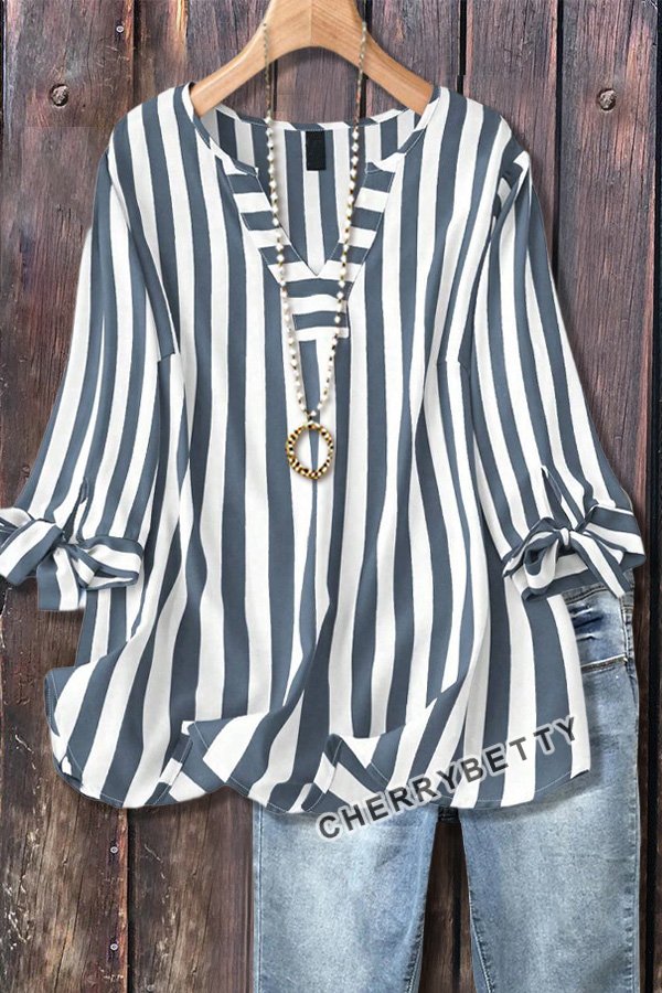 Casual Striped V-Neck Tied Sleeve Top