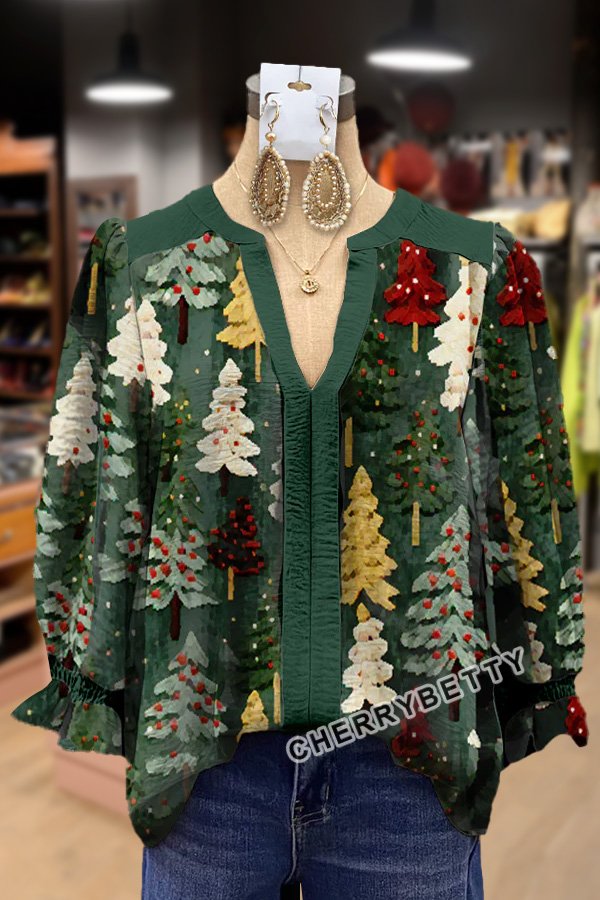 Colorful Christmas Tree Print V-Neck Cuff Sleeve Top