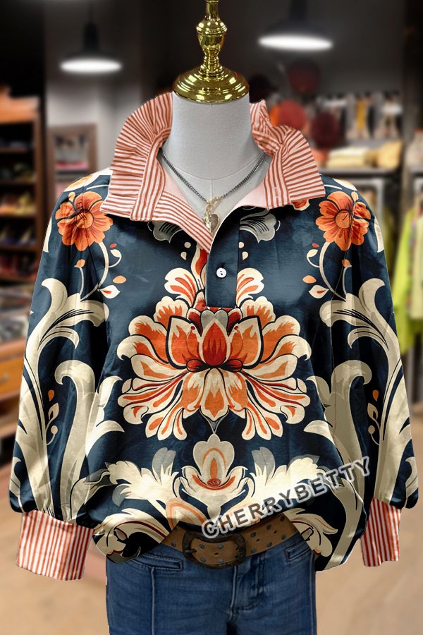 Floral Print Striped Long Sleeve Top