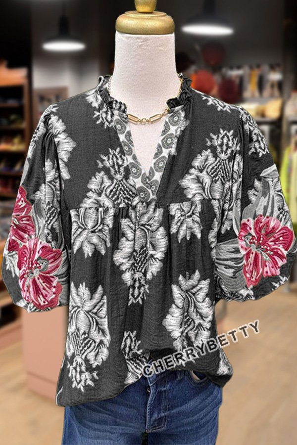 Embroidered Puff Sleeve Floral Top