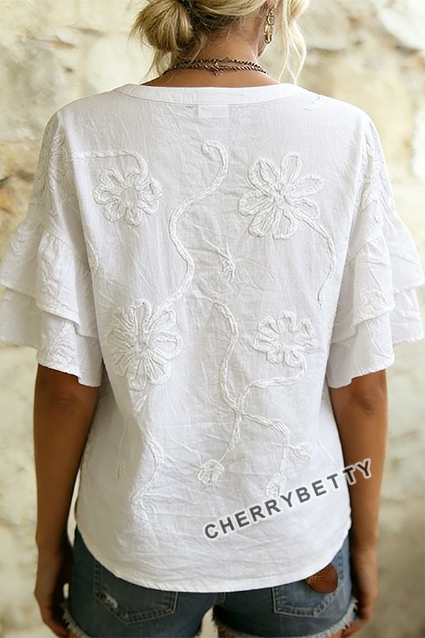 Elegant Flower Embroidered Button Up Ruffle Sleeve Cotton Top