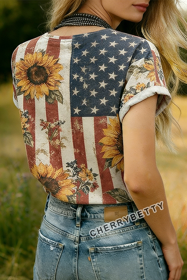 Retro Sunflower Flag Print T-Shirt