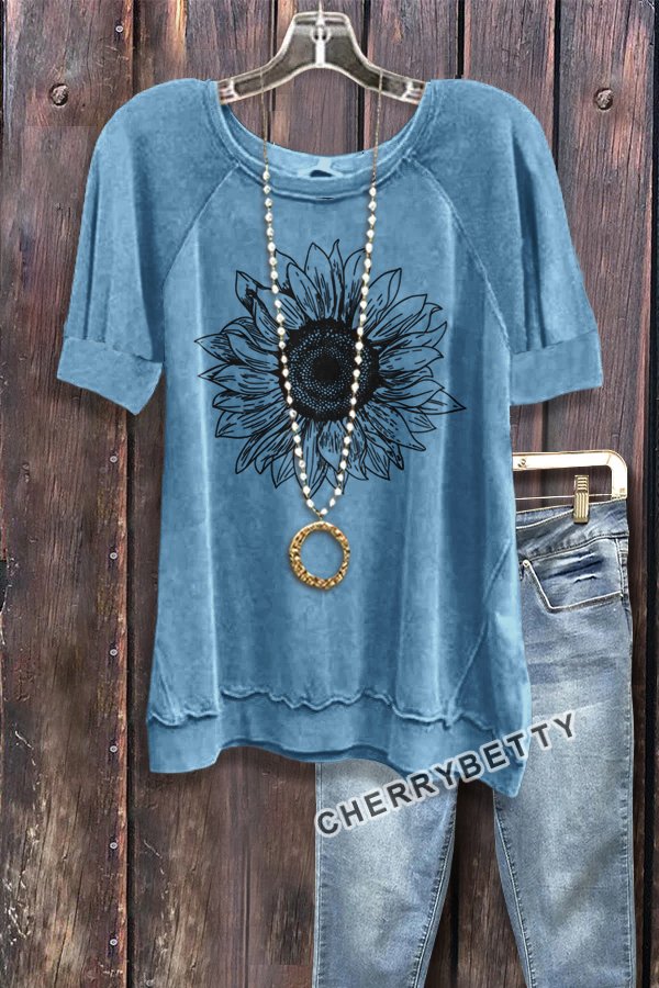 Sunflower Print Round Neck Short Sleeve Top