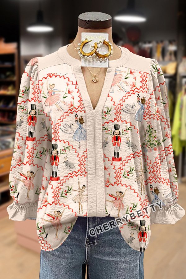 Christmas Nutcracker Print Cuff Sleeve Top