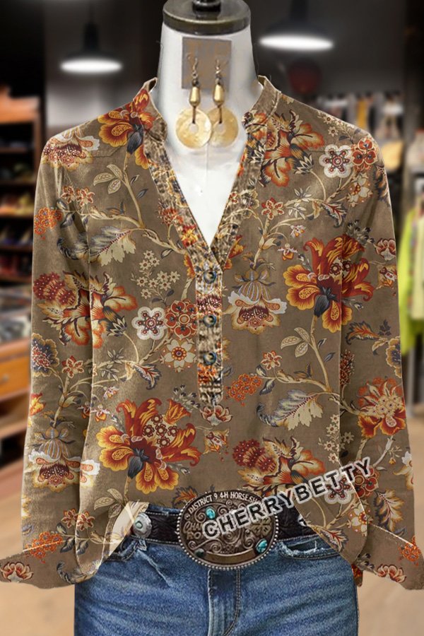 Vintage Floral Print V-Neck Long Sleeve Top