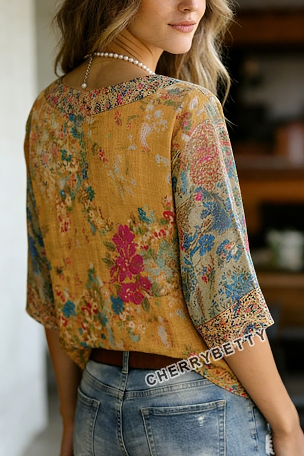 Vintage Mix Floral Print V-Neck Top