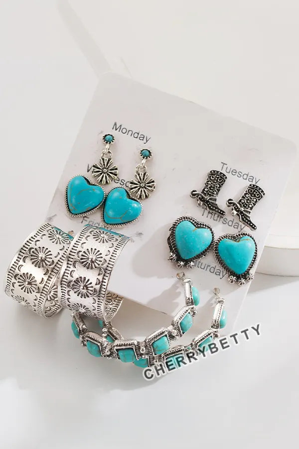 Western Heart Turquoise Earrings Set