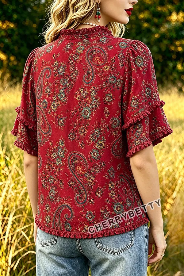 Vintage Paisley Print Ruffle Neck Frayed Hem Top