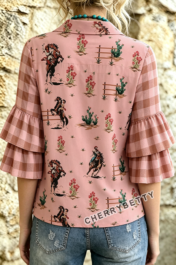 Western Cowboy Print Plaid Layered Ruffle Sleeve Top