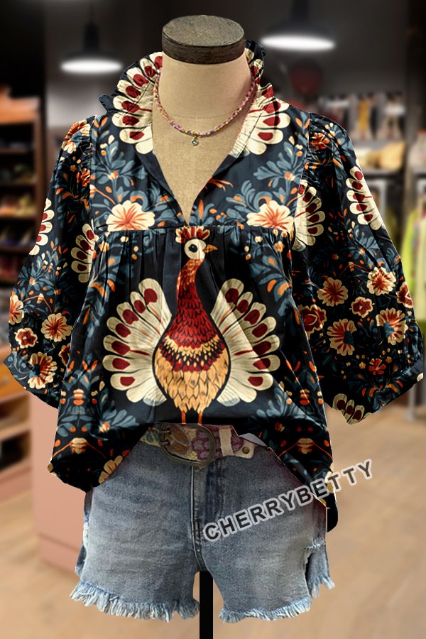 Chic Floral Turkey Print Puff Sleeve Top
