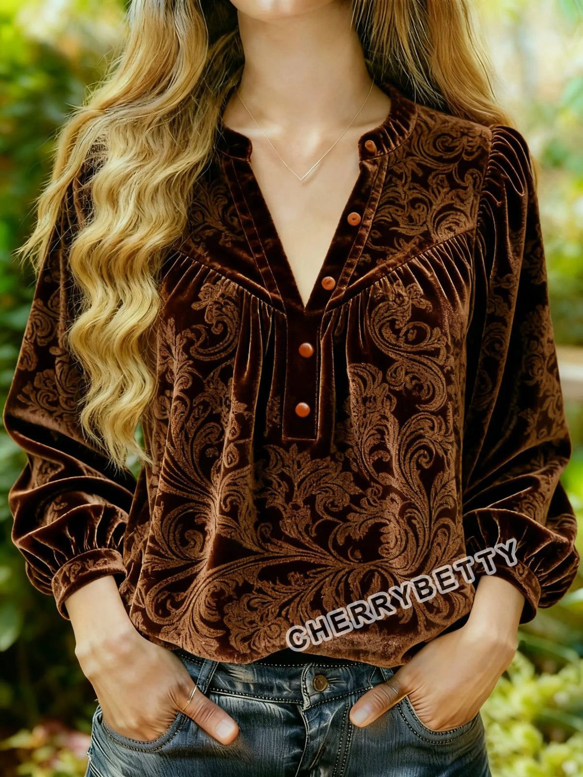 Retro Paisley Print Split Neck Velvet Top