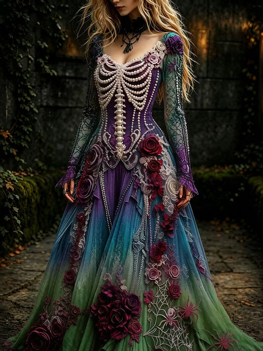 Women's Retro Gothic Skeleton And Rose Gradient Pattern Maxi Halloween Dress