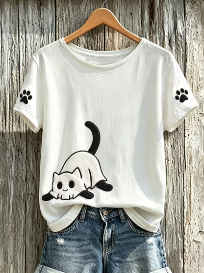 Women's Halloween Cute Ghost Black Cat Pattern Art Print Casual T-shirt