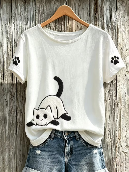 Women's Halloween Cute Ghost Black Cat Pattern Art Print Casual T-shirt