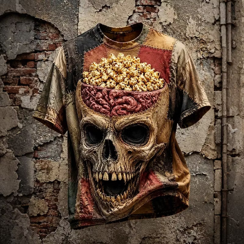 Men's Retro Dark Skull Patchwork Crew Neck T-shirt