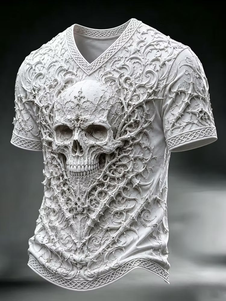 Men's Halloween Gothic Skull Print Casual V Neck T-shirt