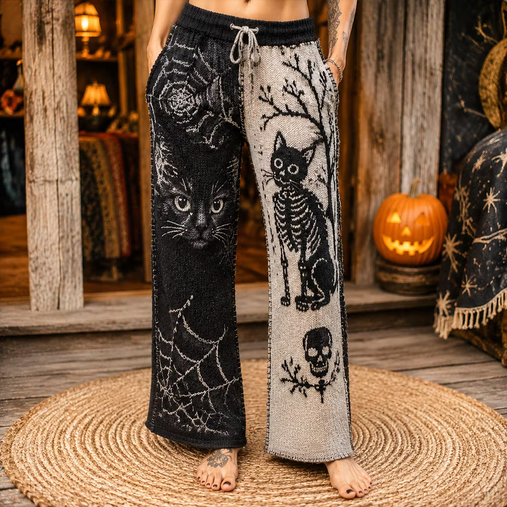 Women's Gothic Split-leg Knit Pants With Cat Face, Skeleton, And Spider Web Pattern