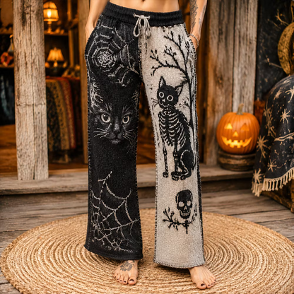 Women's Gothic Split-leg Knit Pants With Cat Face, Skeleton, And Spider Web Pattern