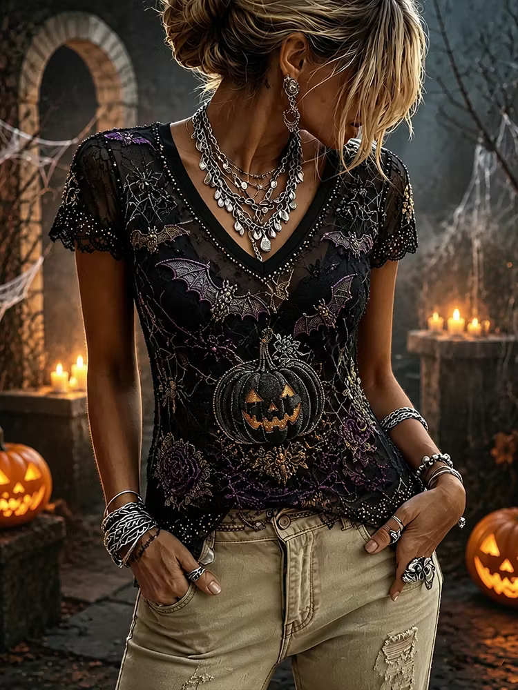 Women's Halloween Gothic Black Pumpkin, Bat & Spiderweb Short-sleeve Top