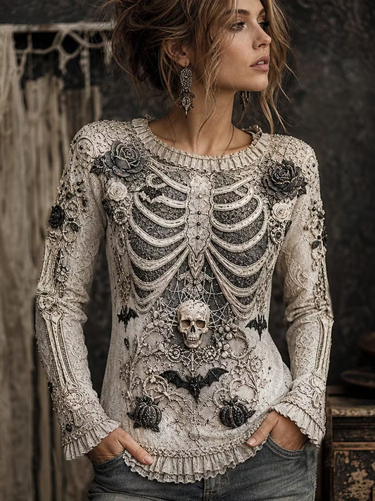 Women's Halloween Human Anatomy Art And Floral Art Vintage Crewneck Top