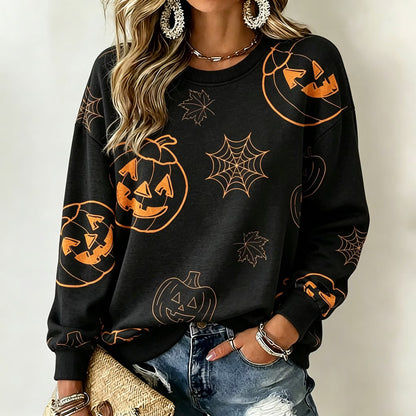 Women's Retro Halloween Pumpkin Smiley Face Print Casual Sweatshirt