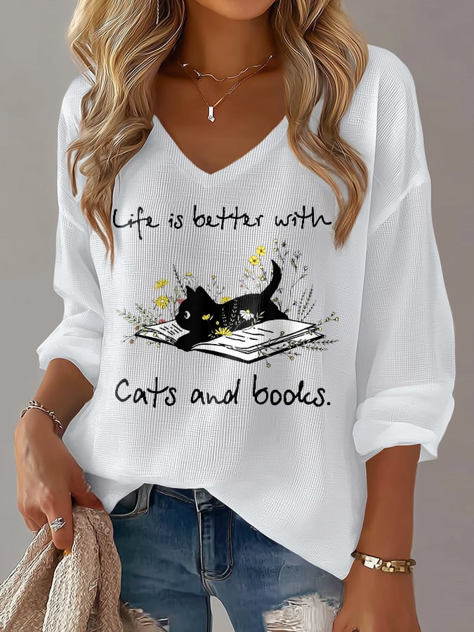 Women's 'life Is Better With Cats And Books' Cat Print Waffle Long-Sleeved T-Shirt
