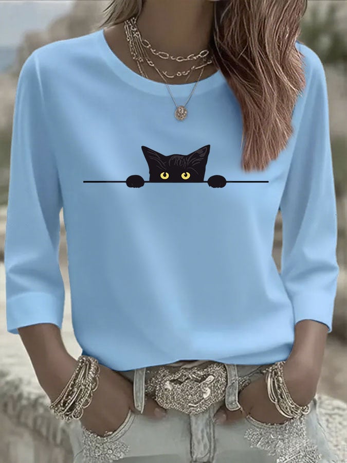 Women's Casual Cat Print Three-Quarter Sleeve T-Shirt