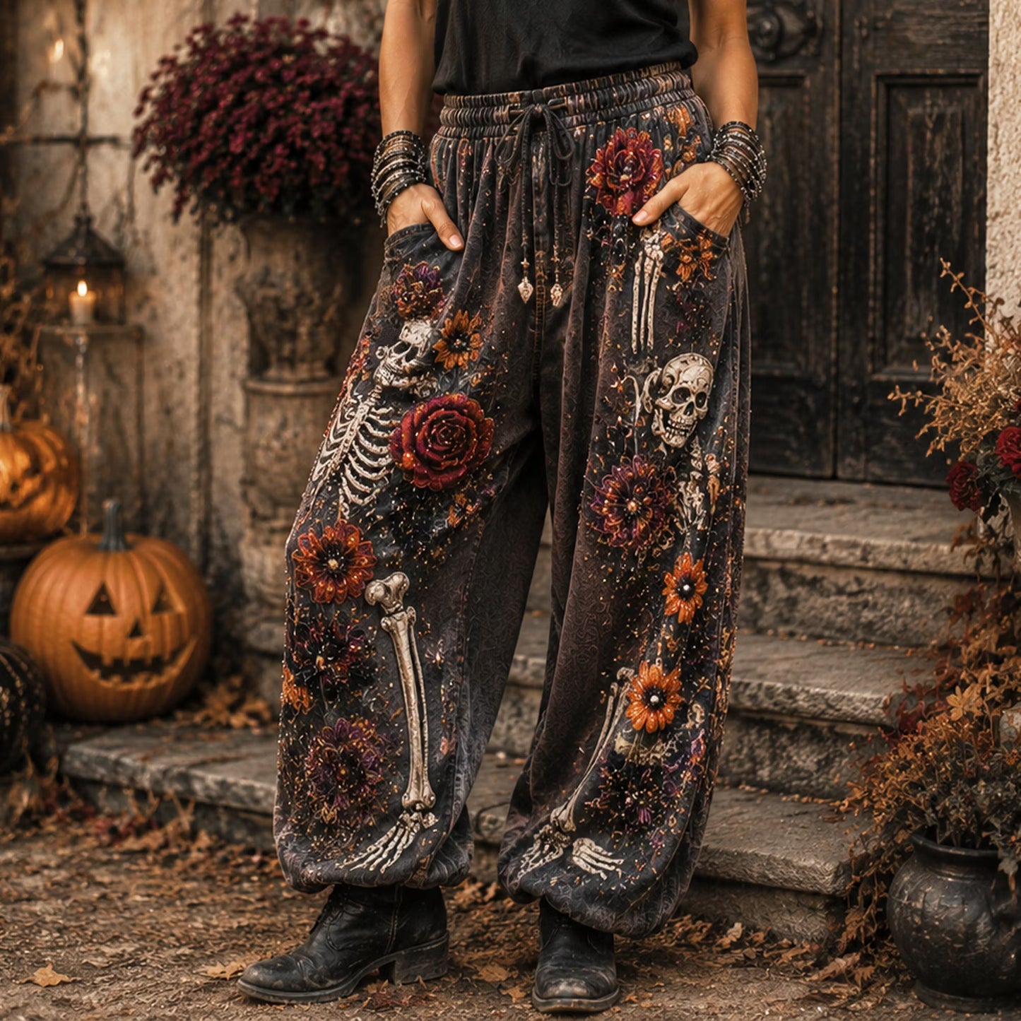 Women's Vintage Halloween Gothic Skeleton Rose Floral Embroidery Boho Elastic Waist Casual Trousers