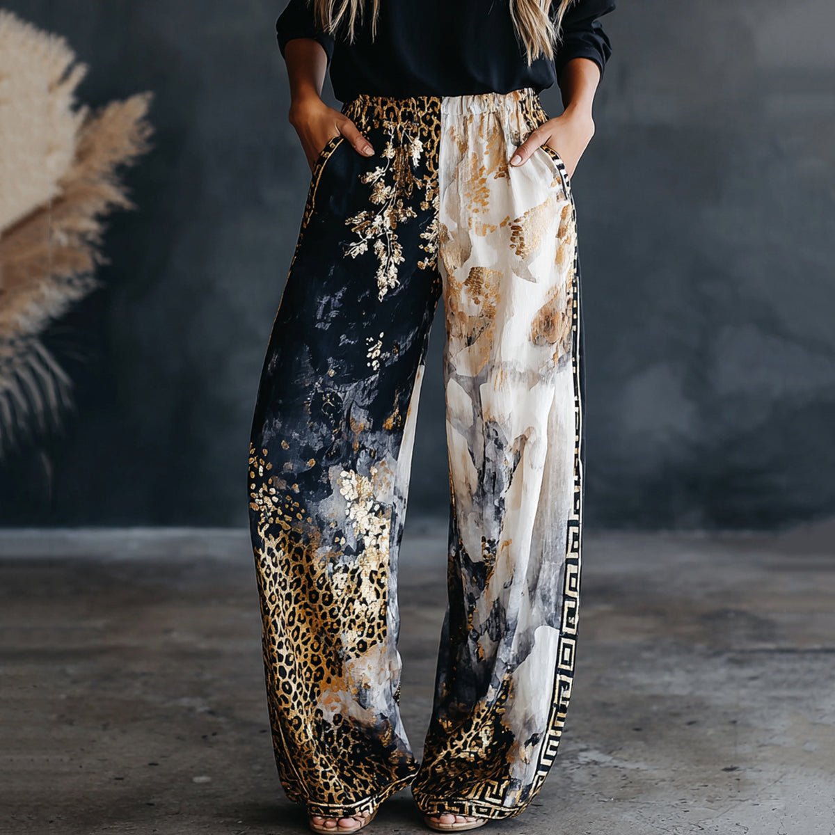 Women's Vintage Marble Pattern Art Leopard Print Flowy Linen Blend Casual Pants
