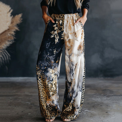 Women's Vintage Marble Pattern Art Leopard Print Flowy Linen Blend Casual Pants