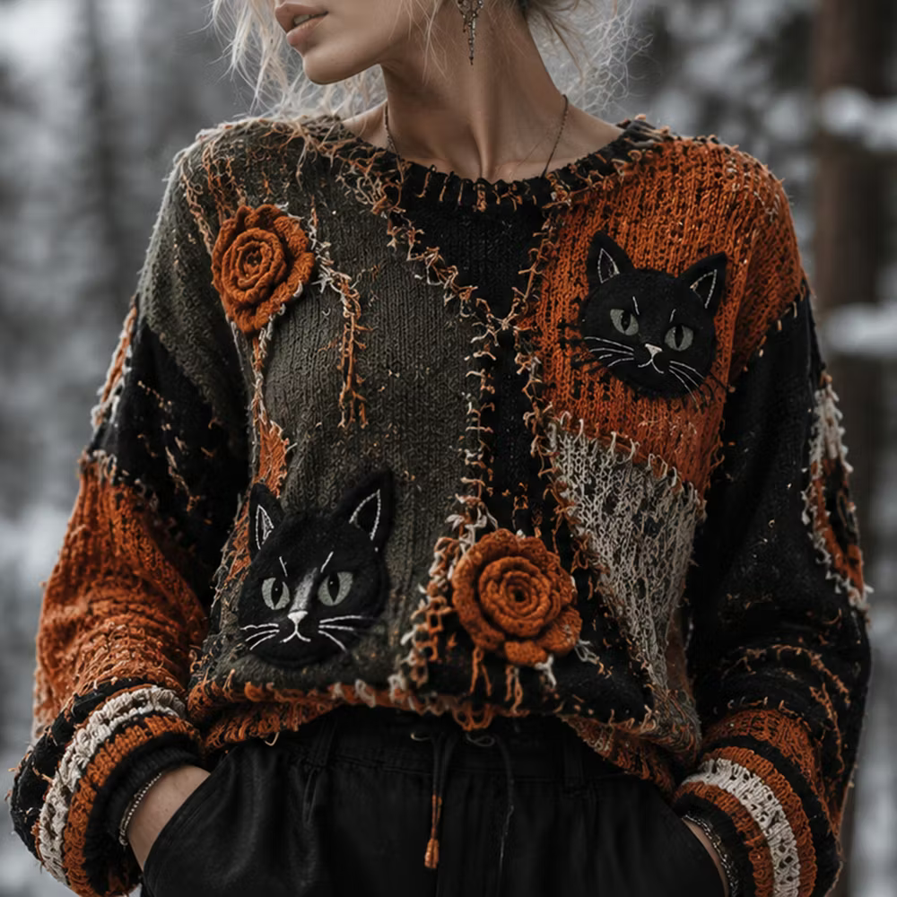 Women's Vintage Patchwork Knit Sweater, Adorned With Black Cat And Rose Patterns.