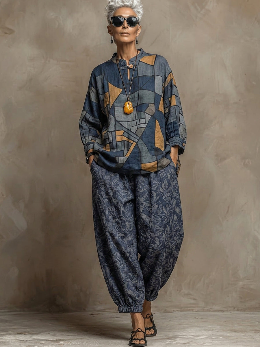 Bohemian Art-print Linen And Cotton Two-piece Top And Pants Set