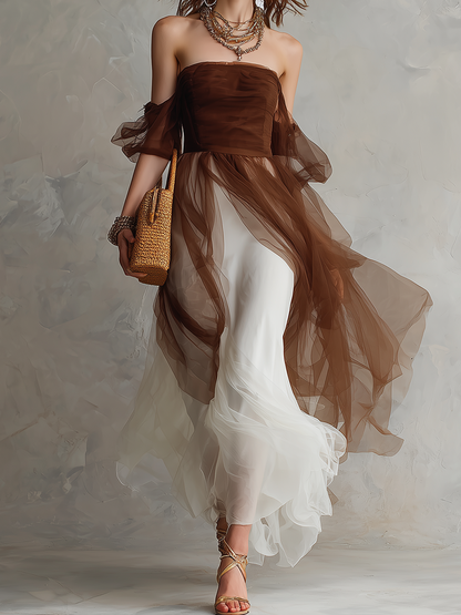 Chocolate Sheer Overlay Strapless Maxi Dress