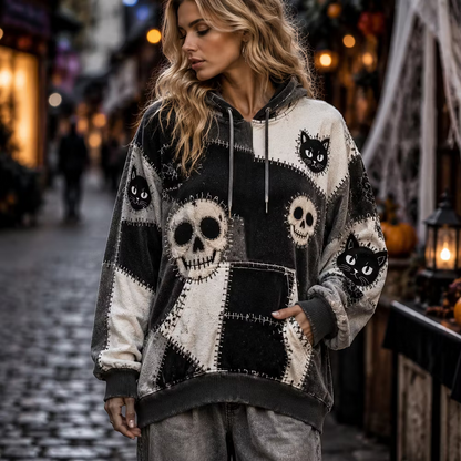 Women's Halloween Patchwork Hoodie With Skull And Black Cat Prin
