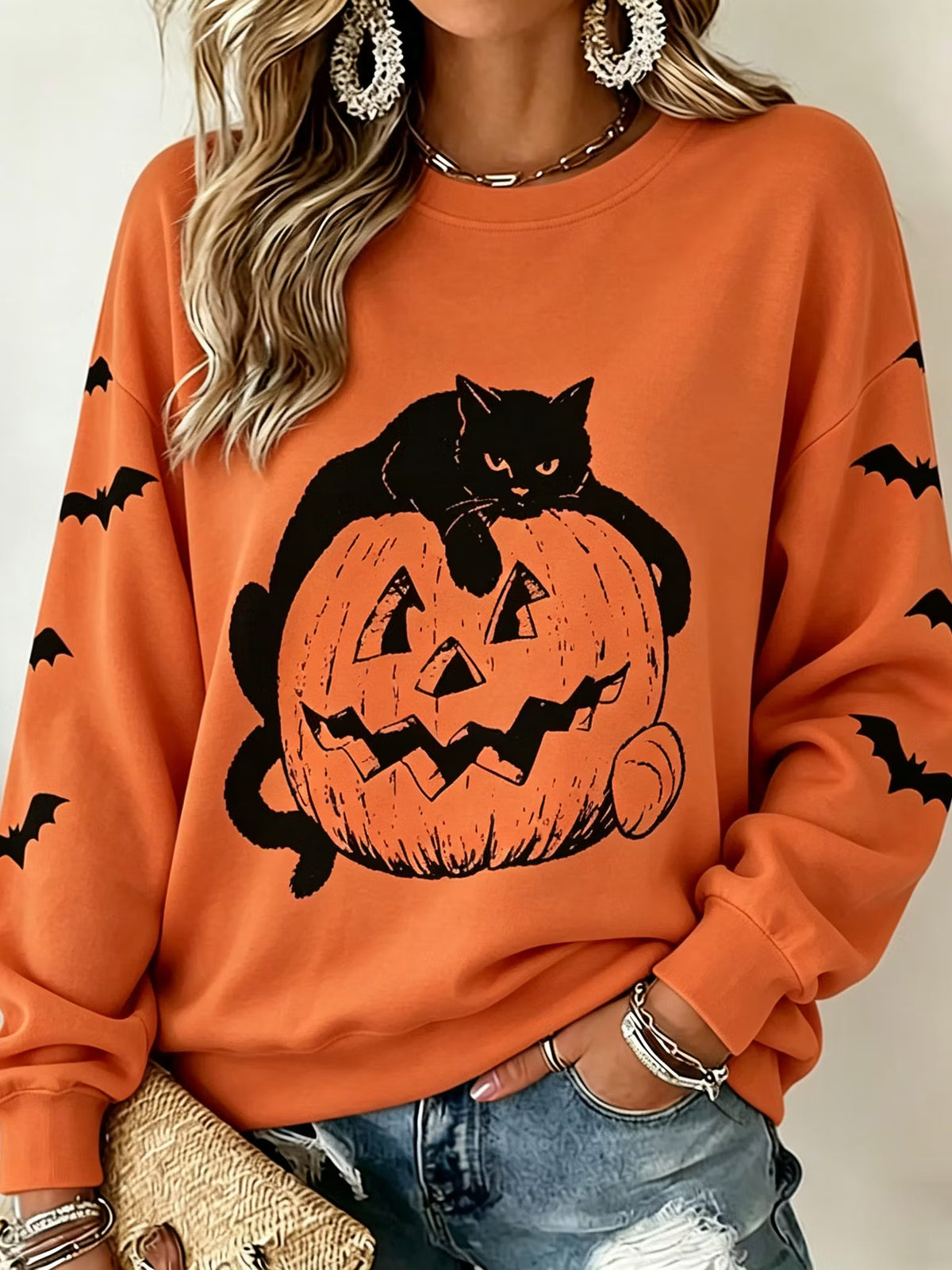 Women's Retro Halloween Cat Print Casual Sweatshirt