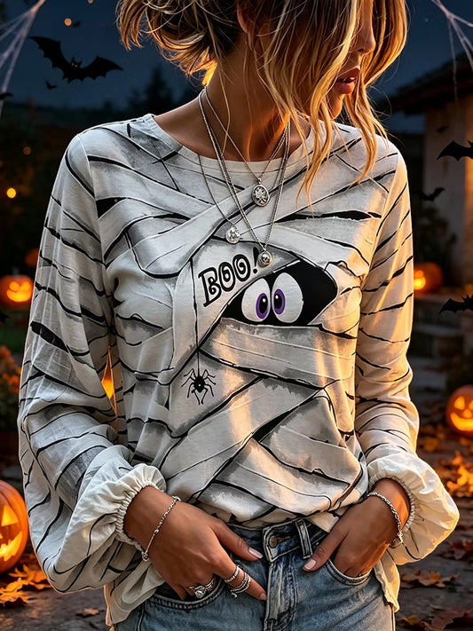 Women's Halloween Spider Strap Print Crew Neck Long Sleeve T-shirt