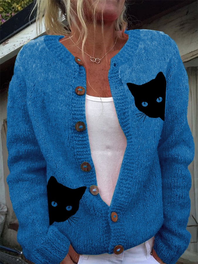 Women's Cat Print Knitted Cardigan