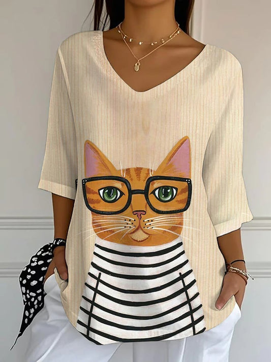 Women'S Autumn Cozy Cat in Clothes Print T-Shirt