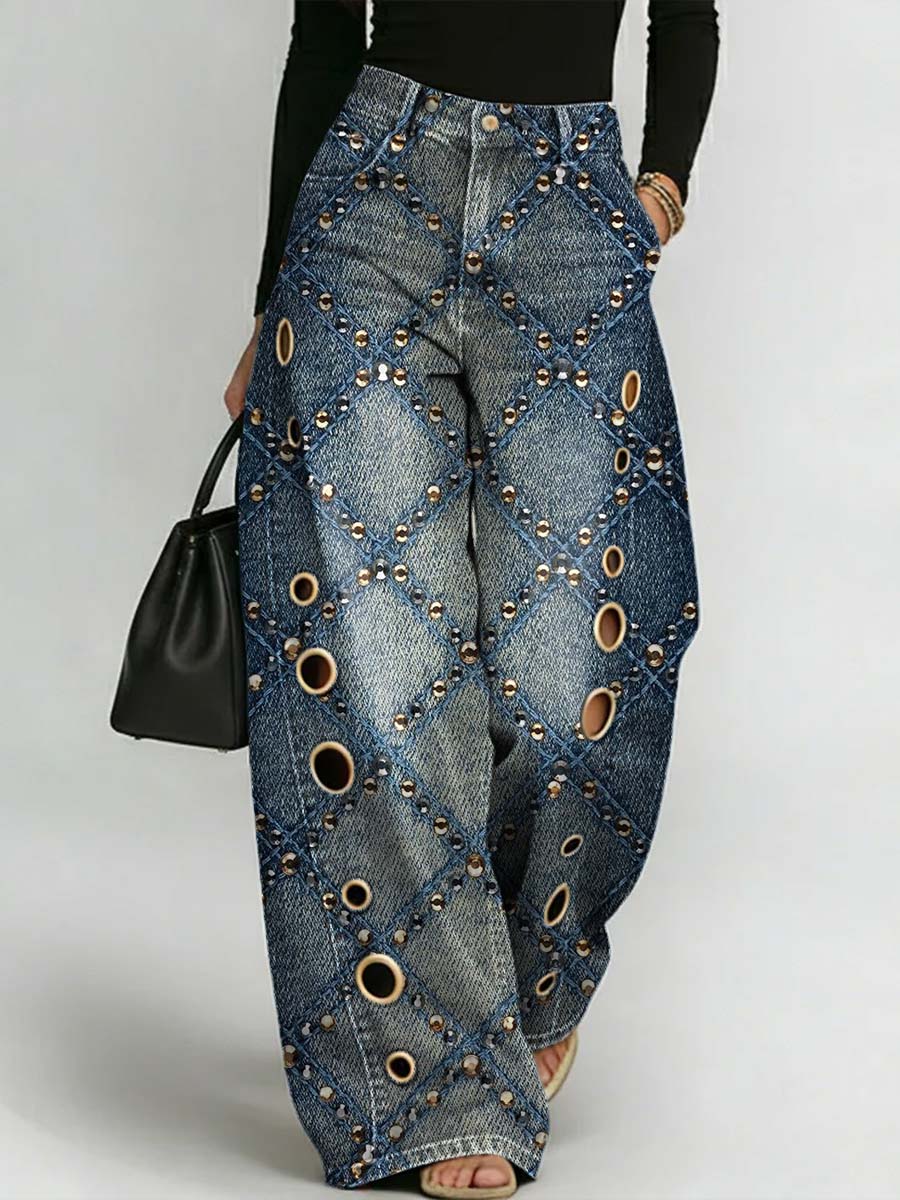 Women's Retro Art Print Casual Stylish Hollow Denim Pants