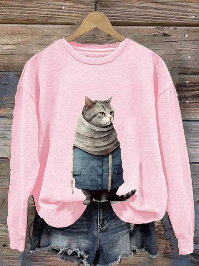 Women'S Winter Art Cat Print Crew Neck Casual Sweatshirt