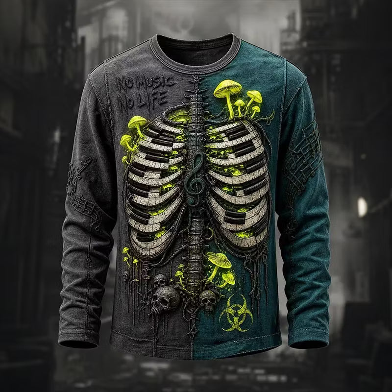 Men's Retro Halloween Human And Mushroom Pattern Casual Long-sleeve T-shirt