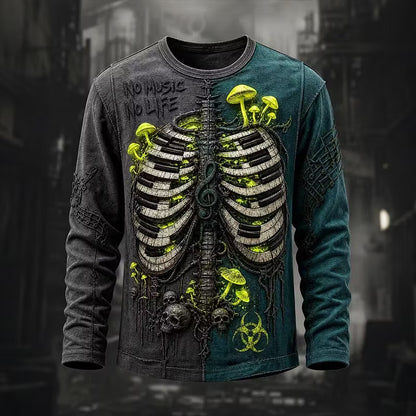 Men's Retro Halloween Human And Mushroom Pattern Casual Long-sleeve T-shirt