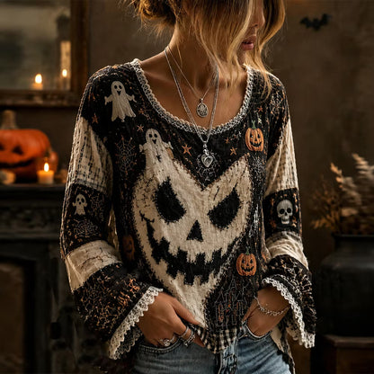 Women's Vintage Ghost Face Art Embroidery Patchwork Cotton Linen Casual Crew Neck Long Sleeve Top