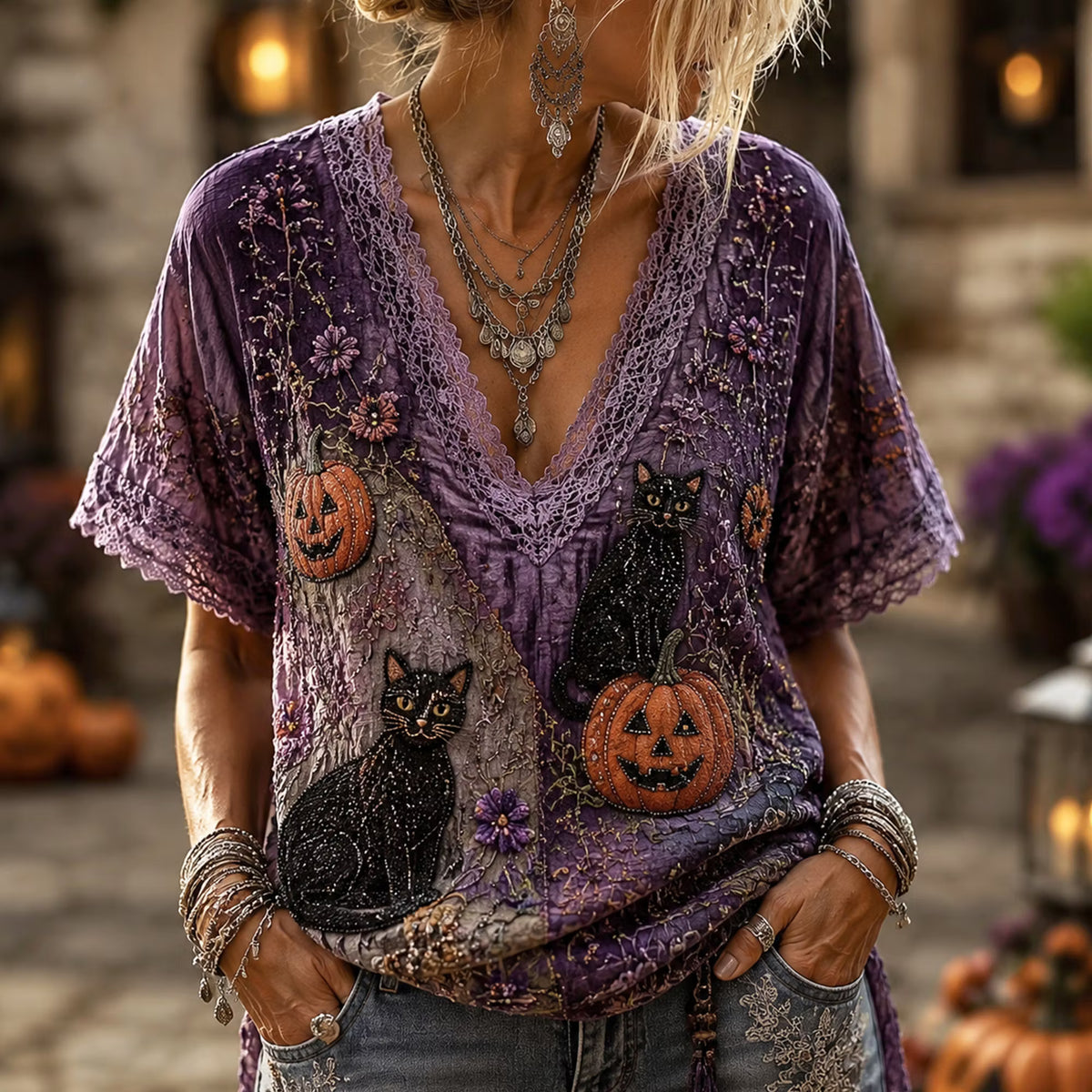 Vintage Purple Boho Halloween Black Cat Pumpkin Floral Embroidery V Neck Blouse