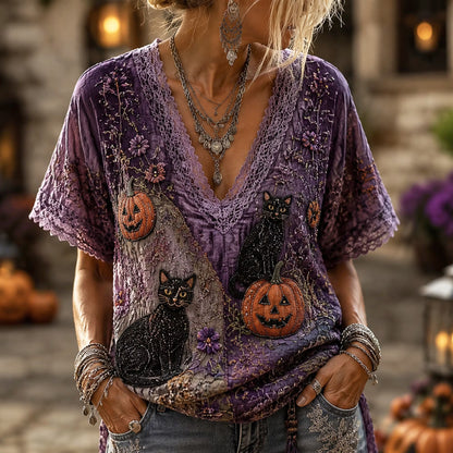 Vintage Purple Boho Halloween Black Cat Pumpkin Floral Embroidery V Neck Blouse