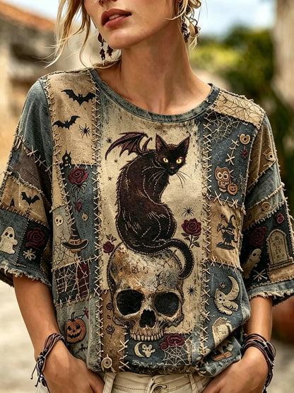 Women's Retro Halloween Cat And Skull Patchwork Print T-shirt