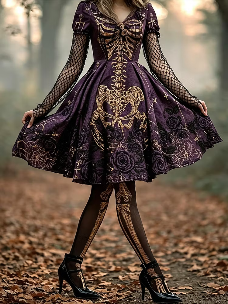 Women's Gothic Short-sleeved Dress, Adorned With Gold Skull, Rose And Spider Web Prints.