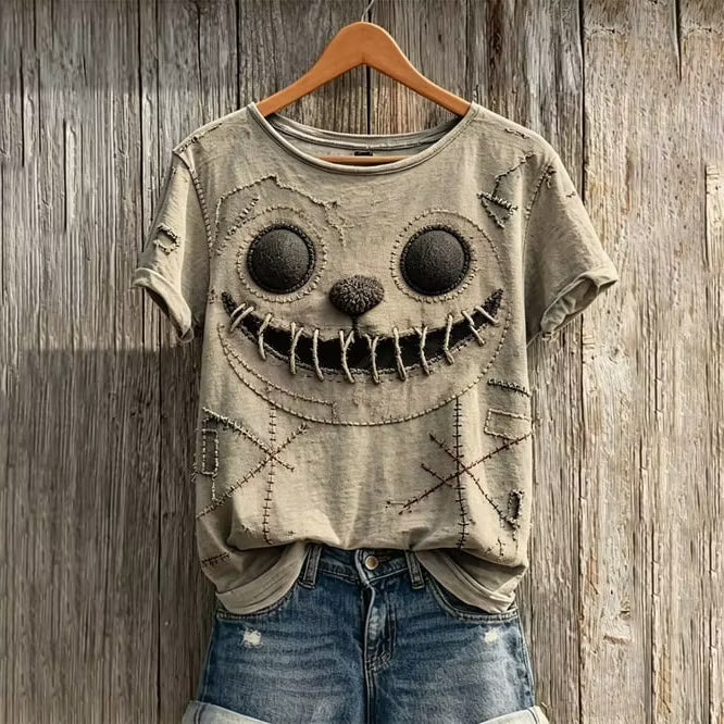 Women's Retro Halloween Scary Smiley Face Crew Neck T-shirt