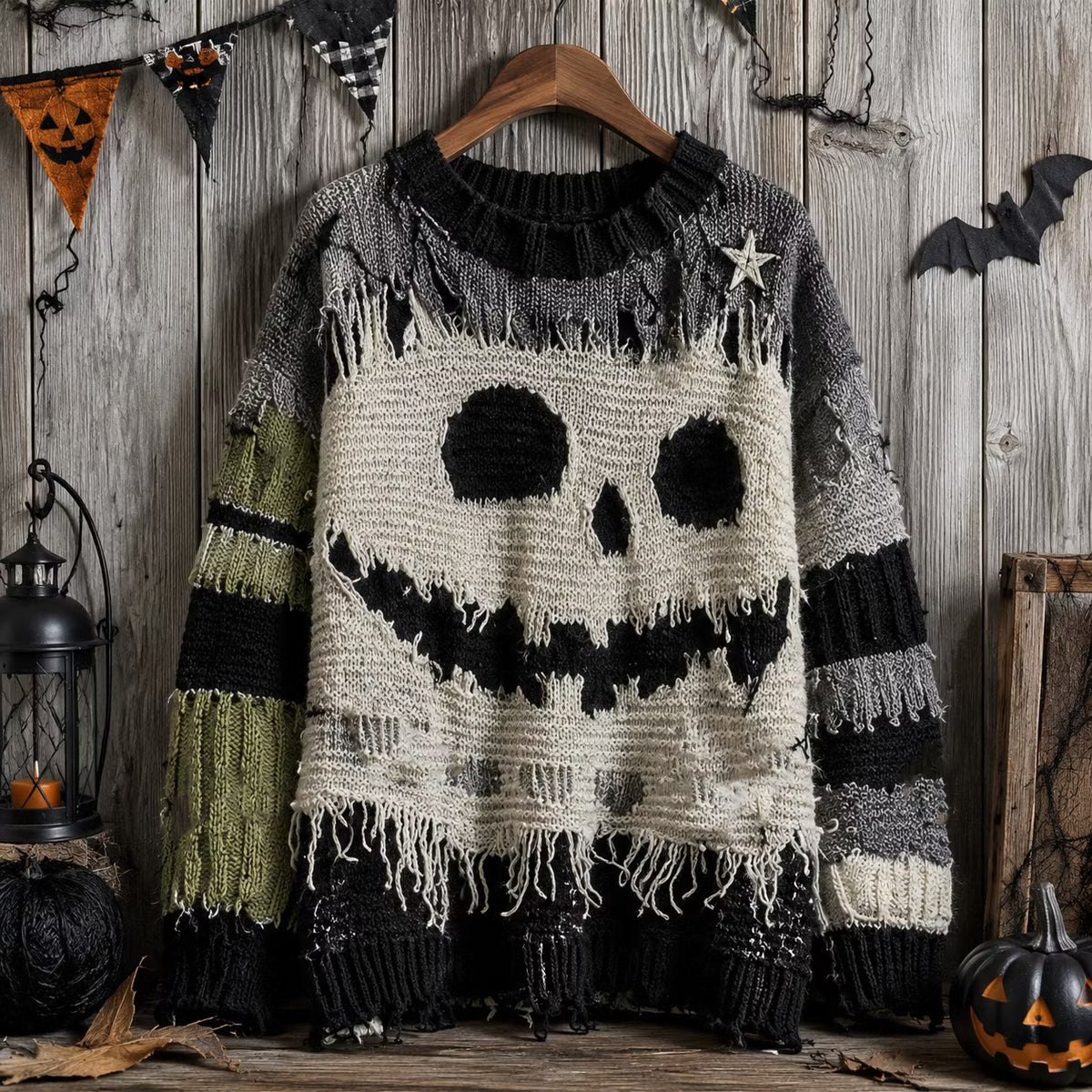Women's Retro Bohemian Halloween Style Skull Patchwork Print Sweater
